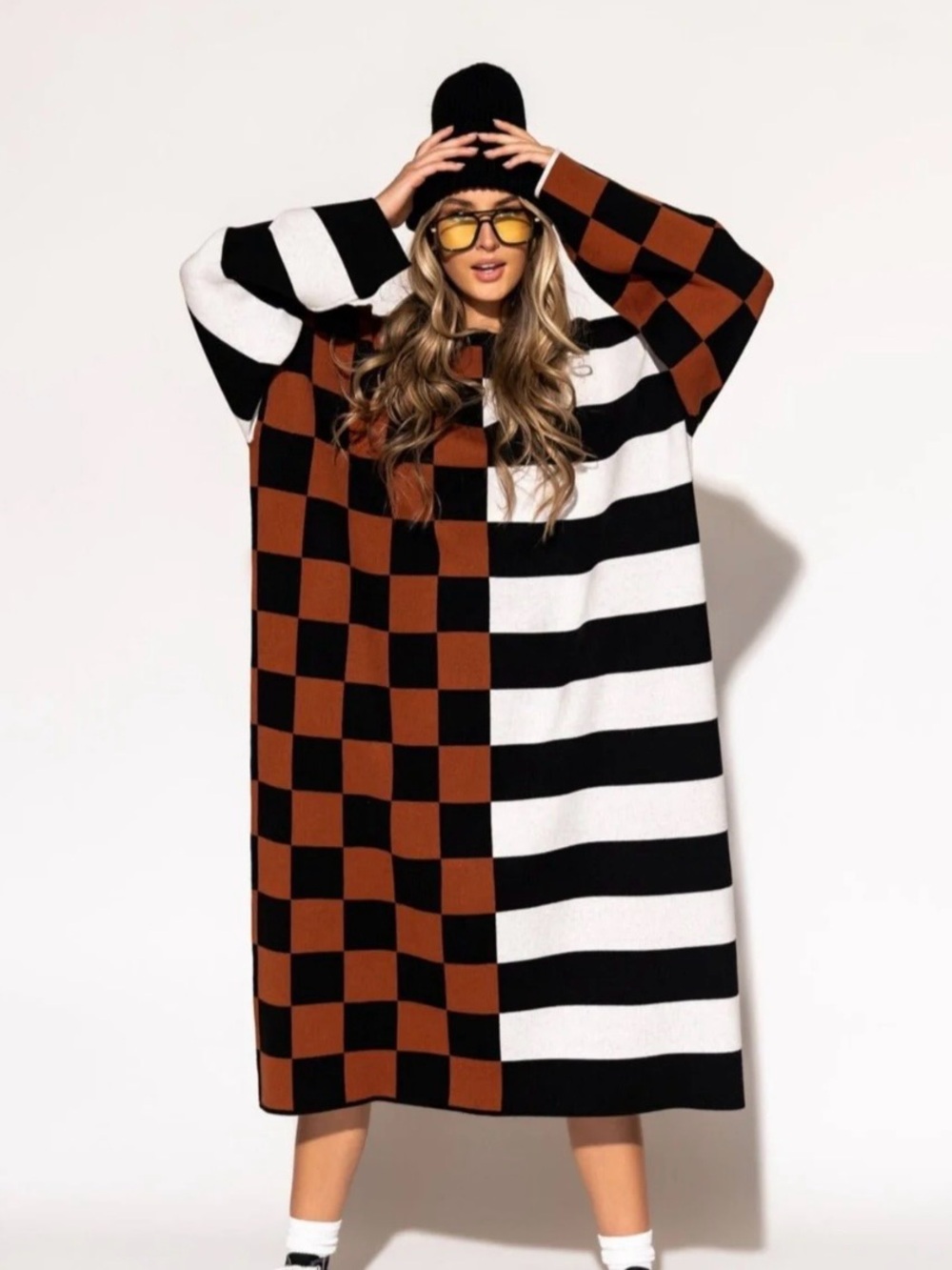 Dressed in LALA Black, Brown & White Checkerboard Stripe Midi Dress